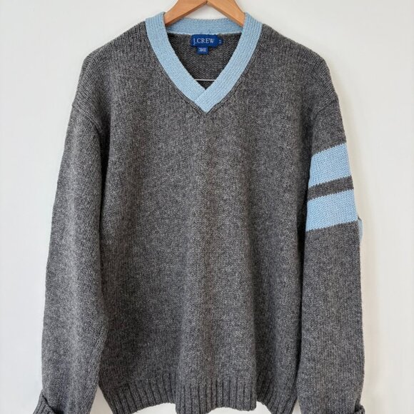 J. Crew Vintage 90s Mens Wool Sweater LT Gray Blue Trim Striped Sleeve Hong Kong - Picture 5 of 7